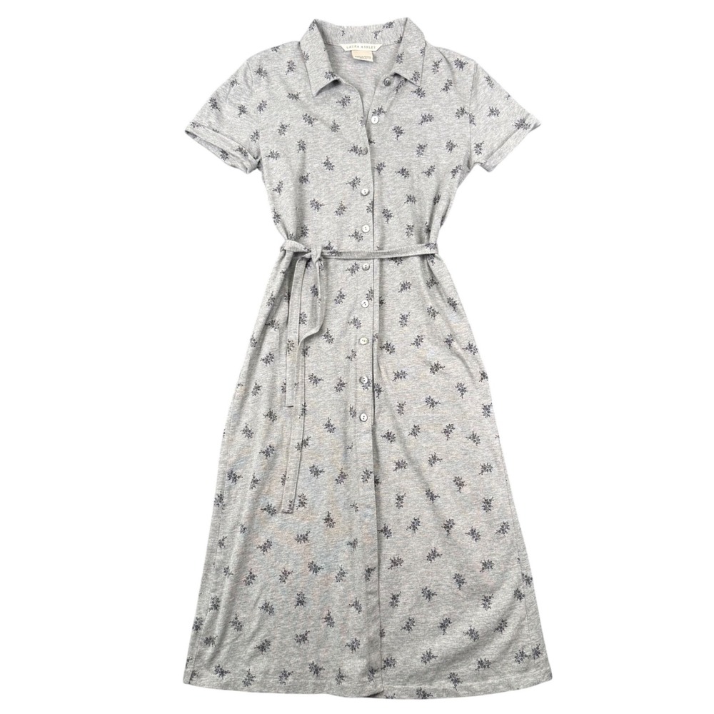 Vintage 90s Laura Ashley Floral Shirtdress Womens Small Gray Jersey Knit